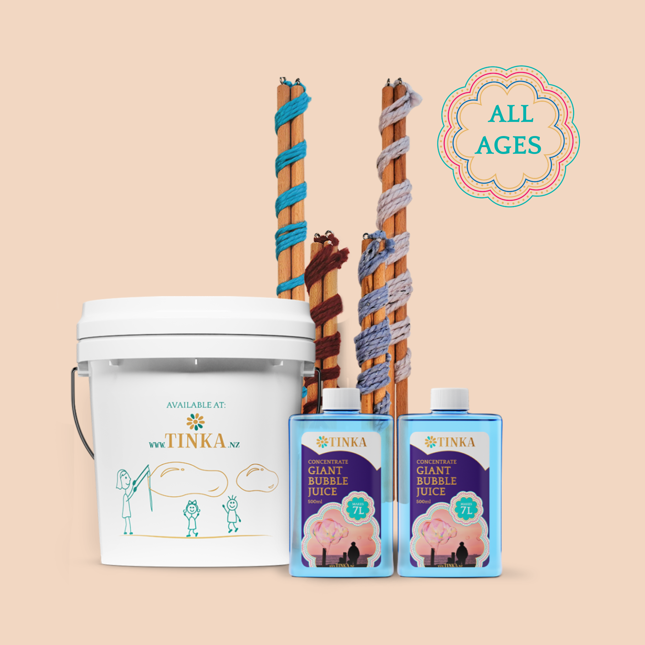 White 5L bucket with 2 blue bottles of bubble liquid that make 7L and 4 colourful bubble wands.