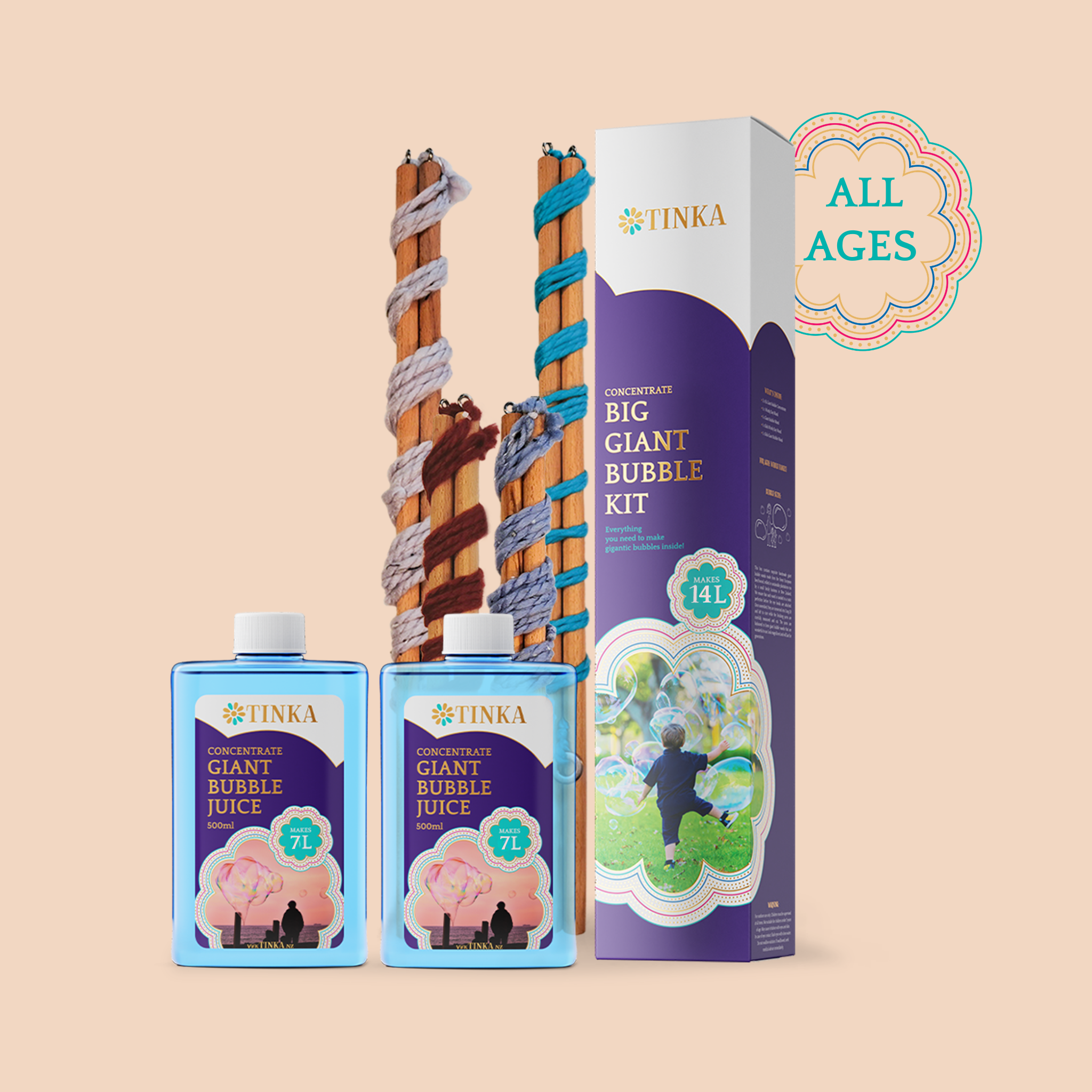 Tinka Giant Bubble Kit set including two blue bottles of Giant Bubble Juice, four wooden bubble wands and a purple, white and gold product box.