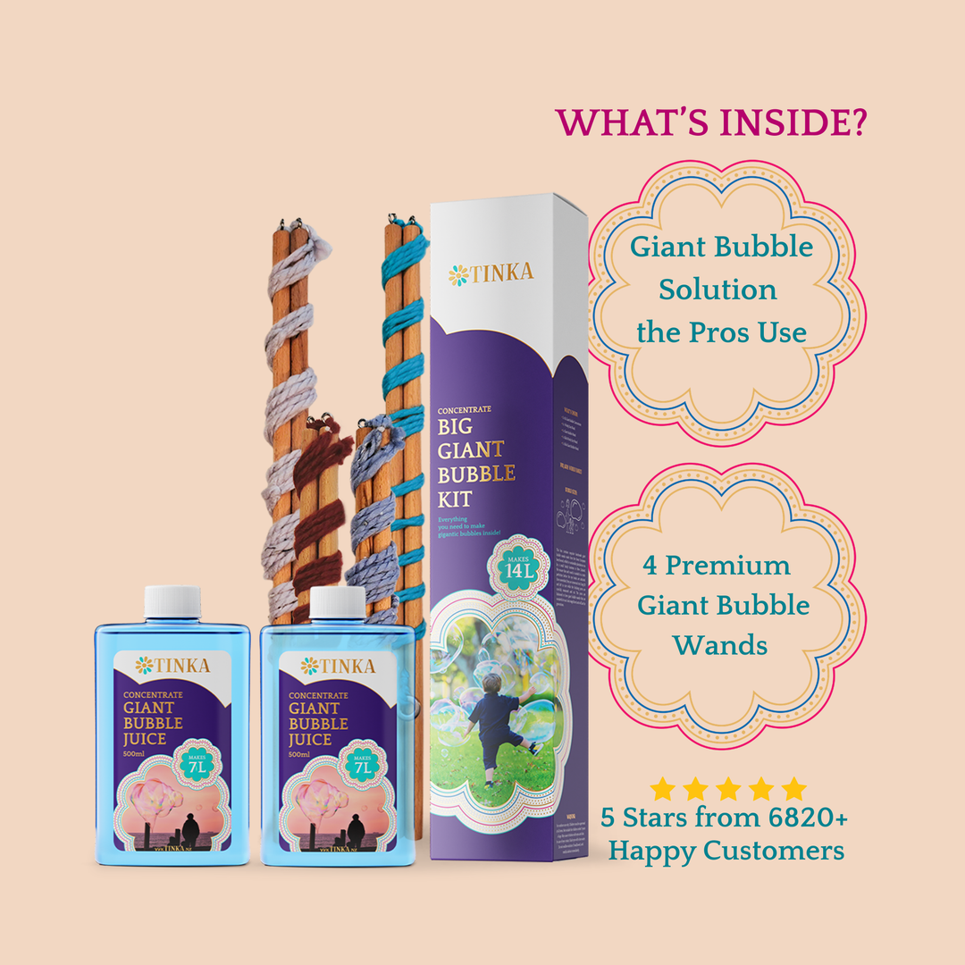 Tinka Giant Bubble Kit set including two blue bottles of Giant Bubble Juice, four wooden bubble wands and a purple, white and gold product box.