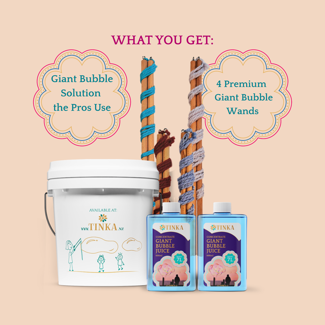Tinka Giant Bubble Solution kit featuring a white bucket, two blue bottles of Giant Bubble Juice, and four wrapped wands on a beige background with promotional text.