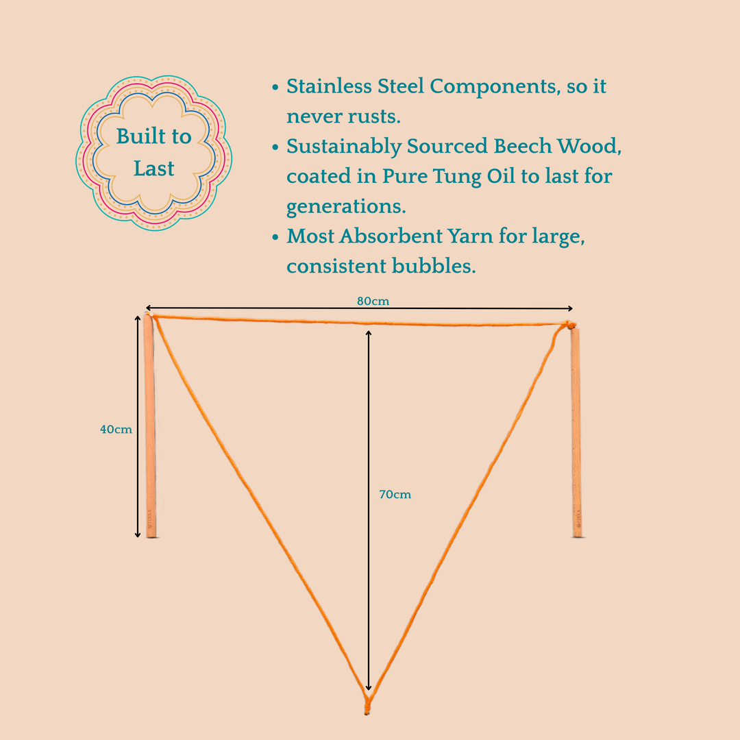 A Giant Bubble Wand on a beige background with text at the top describing what the wand is made from.