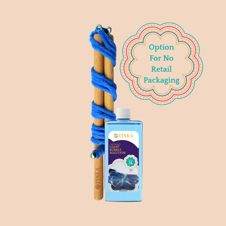 A Tinka Giant Bubble Solution kit featuring a blue bottle of solution and a blue bubble wand, set against a solid beige background with a decorative text badge that reads 'Option For No Retail Packaging'.