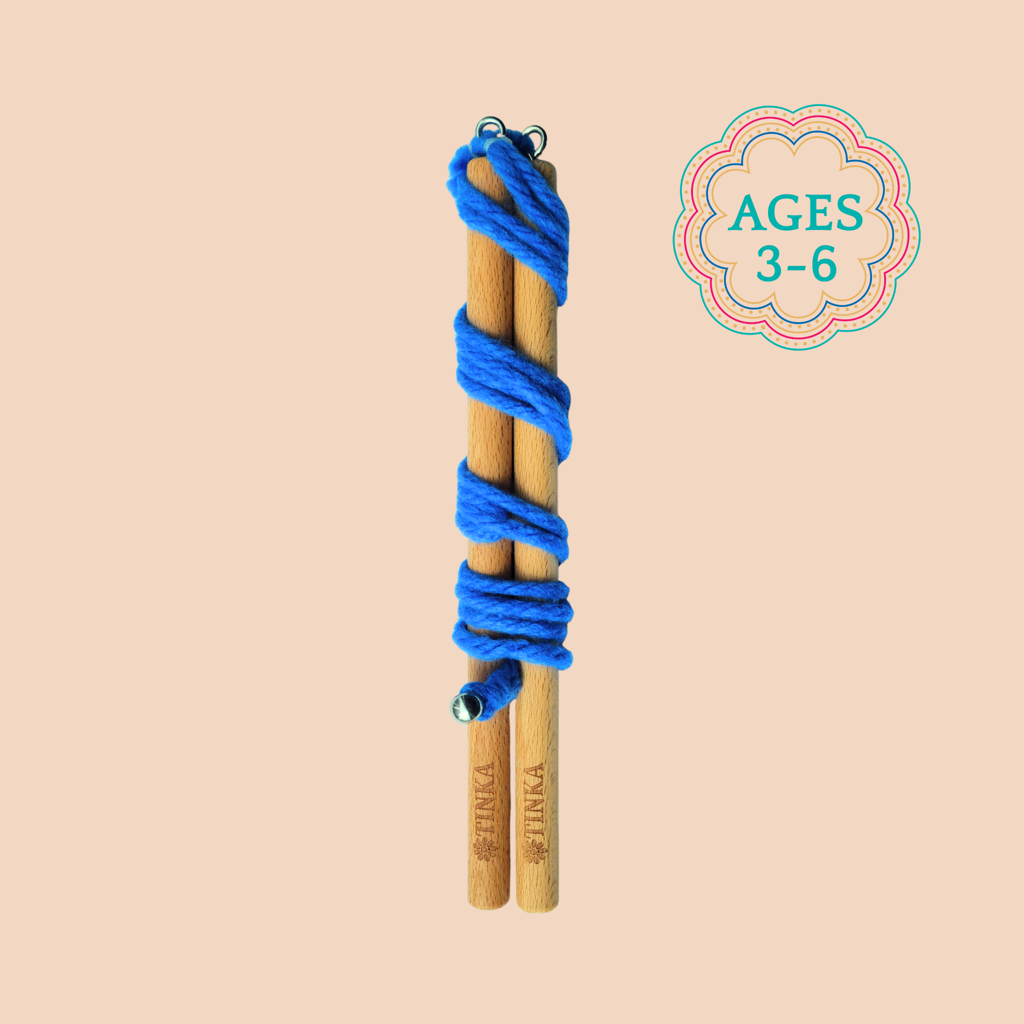 A TINKA wooden Junior Bubble Wand wrapped in bright blue yarn, shown on a solid beige background with an 'AGES 3-6' graphic badge.