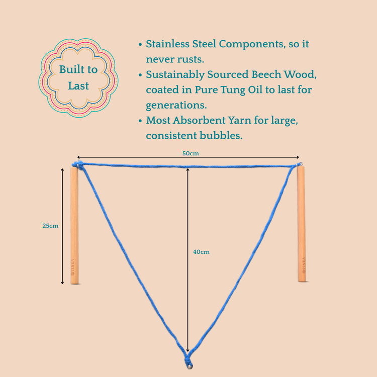 A blue wooden Giant Bubble Wand plus text describing stainless steel parts and sustainably sourced beech wood.
