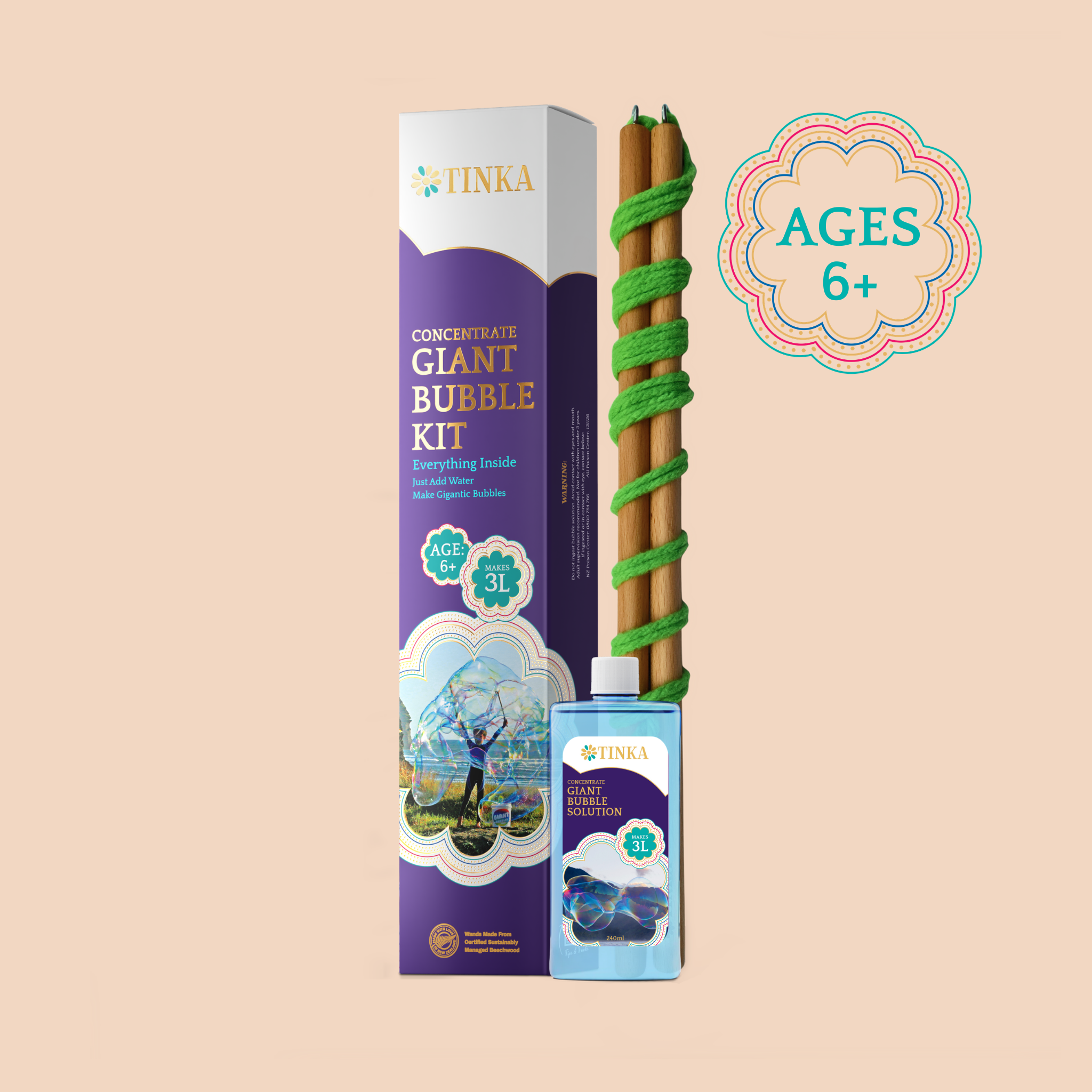Tinka Concentrate Giant Bubble Kit shown with its purple, white and gold retail box, a blue bottle, and a green bubble wand on a solid beige background with an 'AGES 6+' badge.