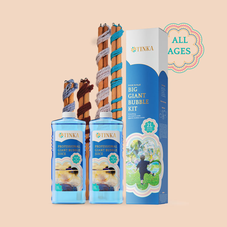 TINKA Professional Giant Bubble Kit featuring two 1L bottles of bubble solution, four bubble wands and a blue, white and gold product box.