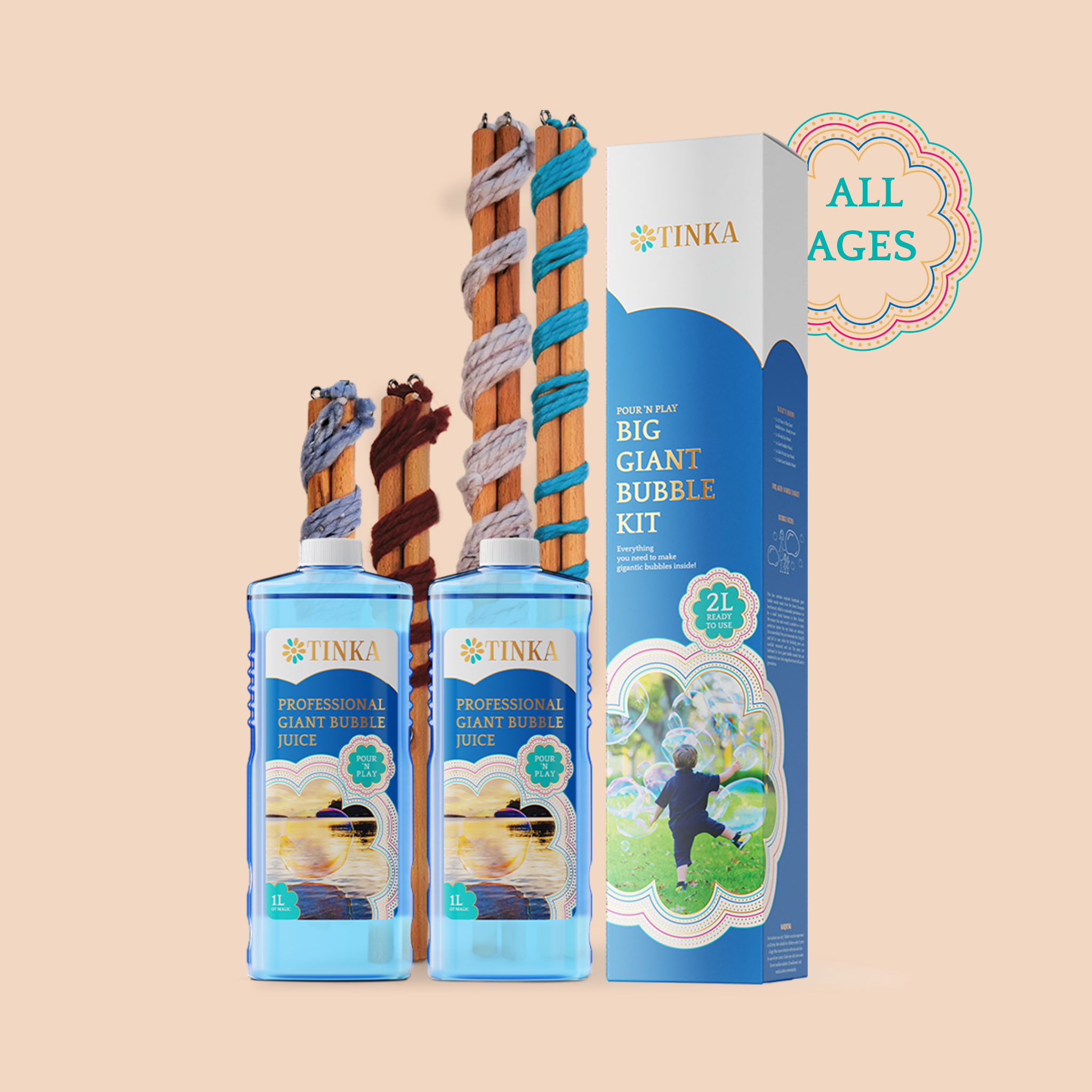 TINKA Professional Giant Bubble Kit featuring two 1L bottles of bubble solution, four bubble wands and a blue, white and gold product box.
