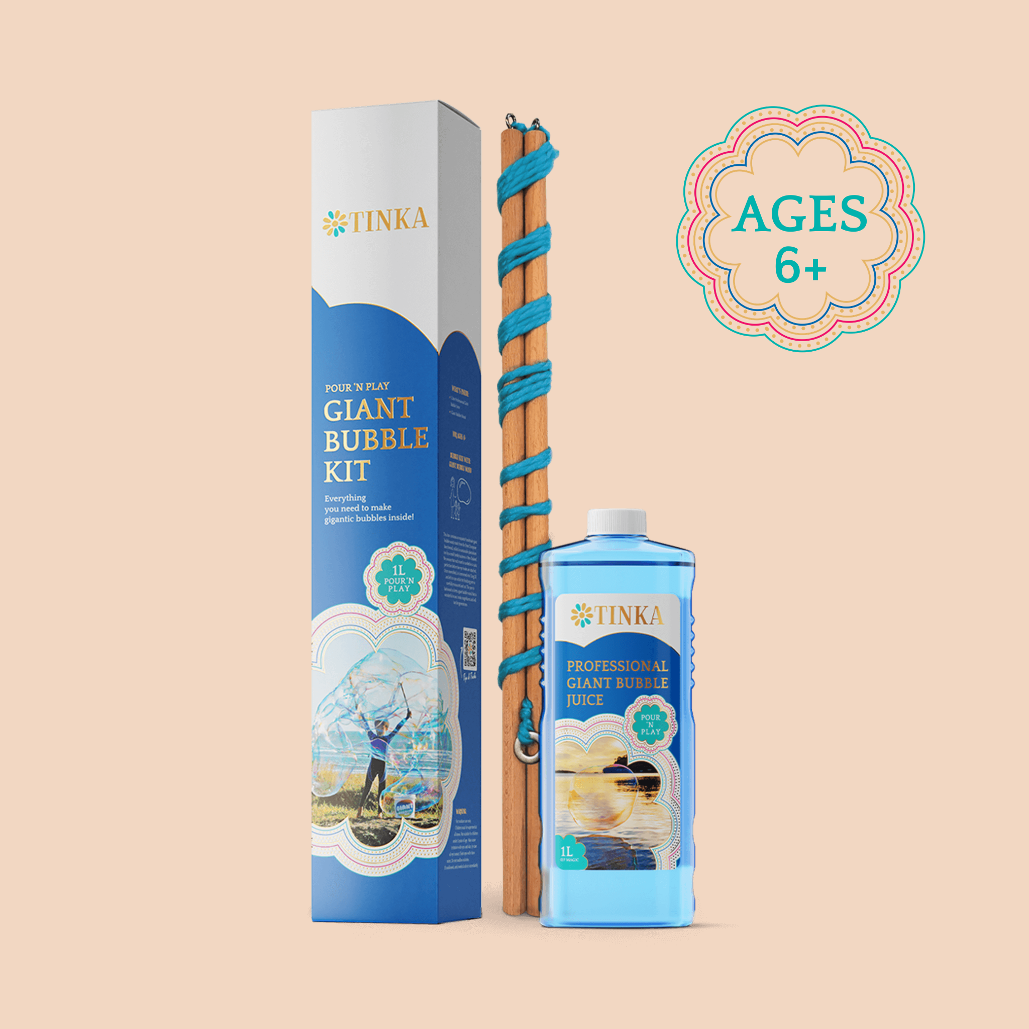 TINKA Giant Bubble Kit shown with its blue, white and gold retail box, a 1L blue bottle of bubble solution, and a bubble wand.