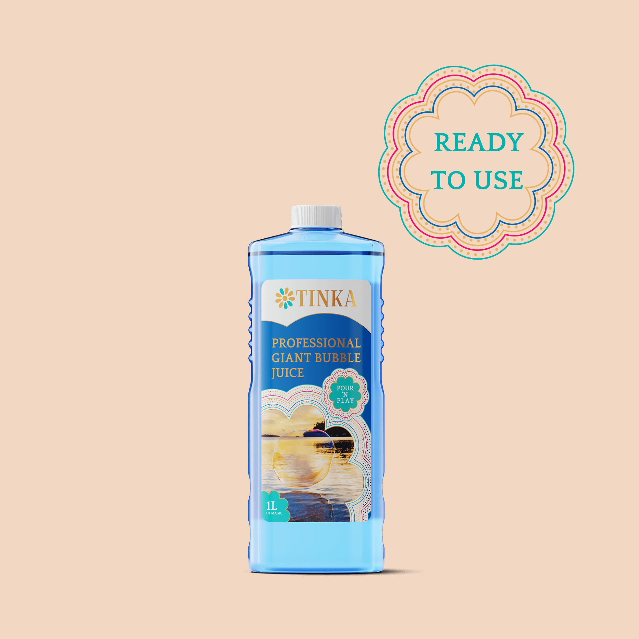 A 1L bottle of TINKA Professional Giant Bubble Juice in a translucent blue bottle with a white cap, shown on a solid beige background with a decorative 'READY TO USE' badge in the top right corner.