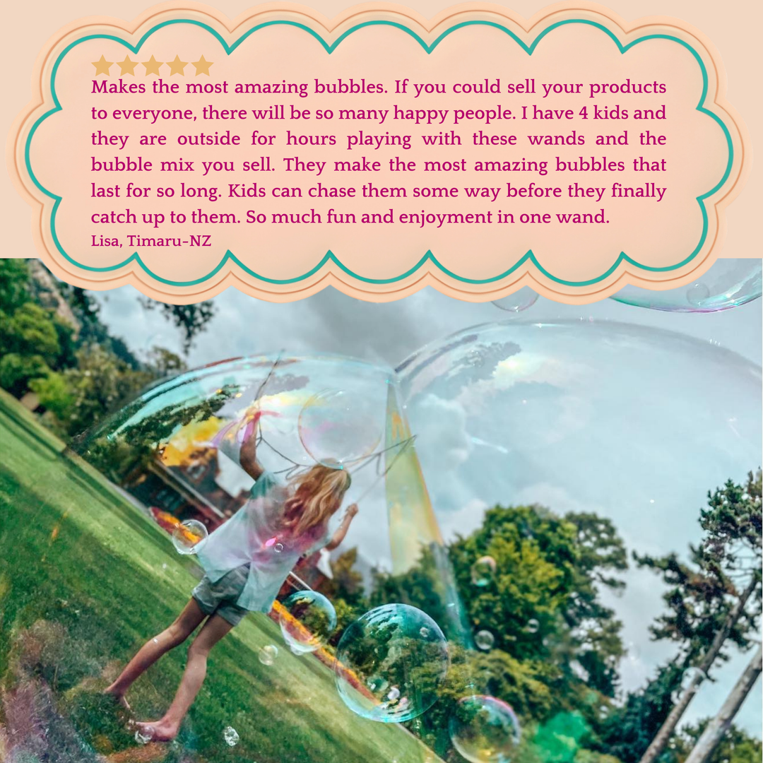 A girl playing with bubble wands and giant bubbles in a grassy area with a testimonial overlay.