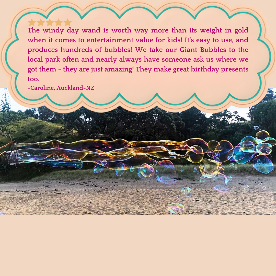 A photograph of a wand creating giant iridescent bubbles over a sandy beach and a large text bubble with customer testimonials at the top.