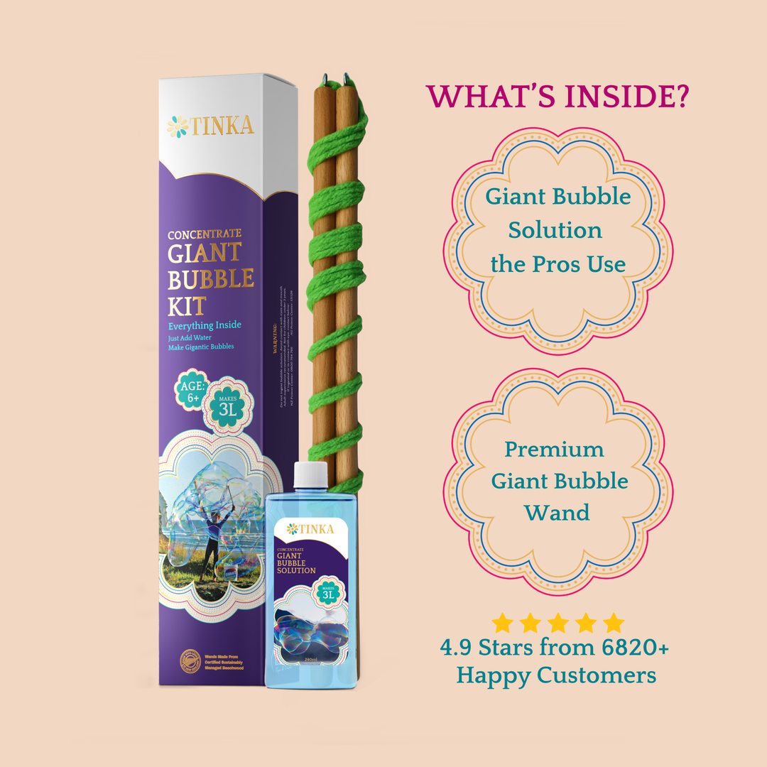 Tinka Concentrate Giant Bubble Kit shown with its purple, white and gold retail box, a blue bottle, and a green bubble wand on a solid beige background with an 'AGES 6+' badge.